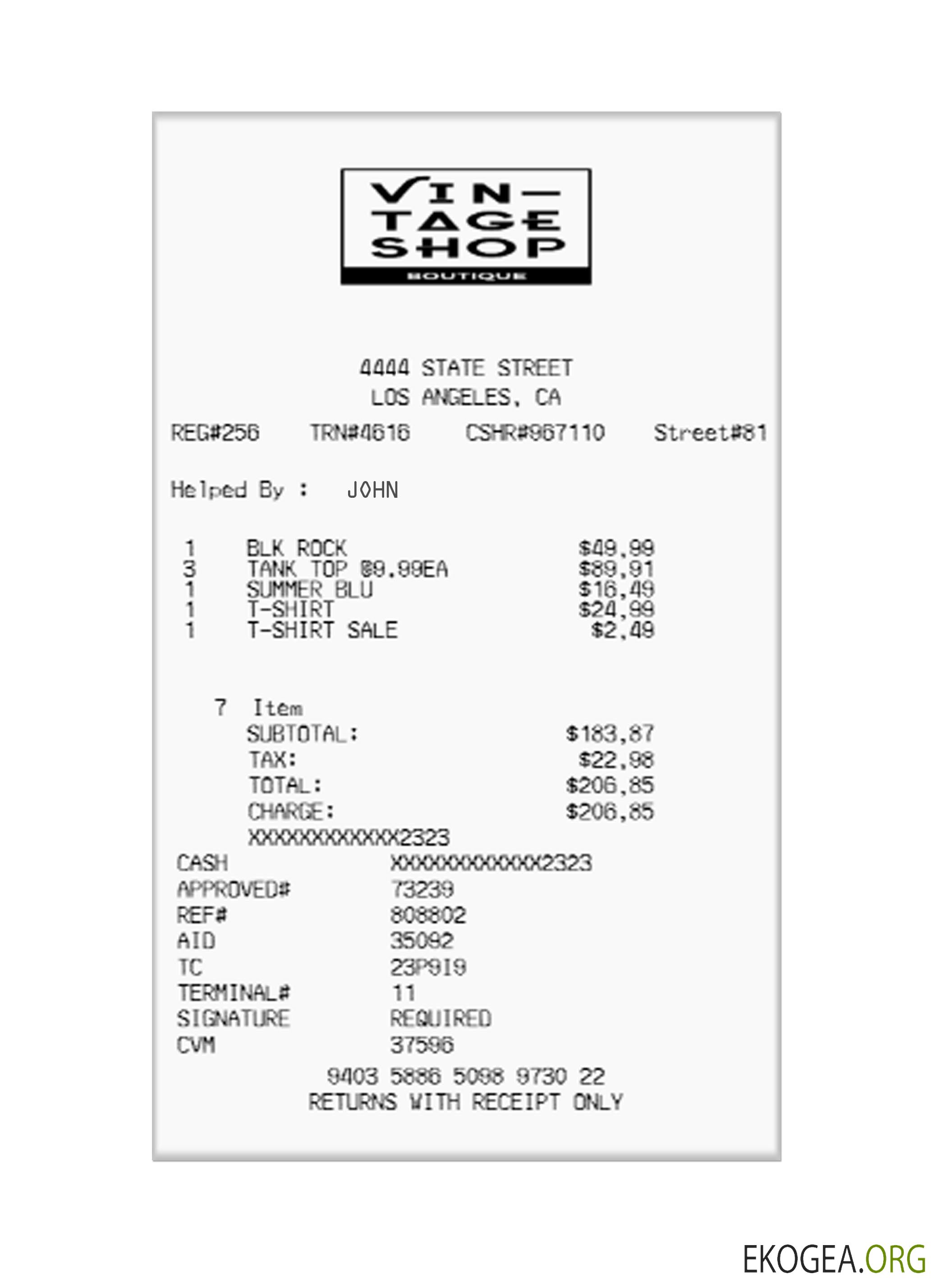 VIN, reçu TAGE SHOP